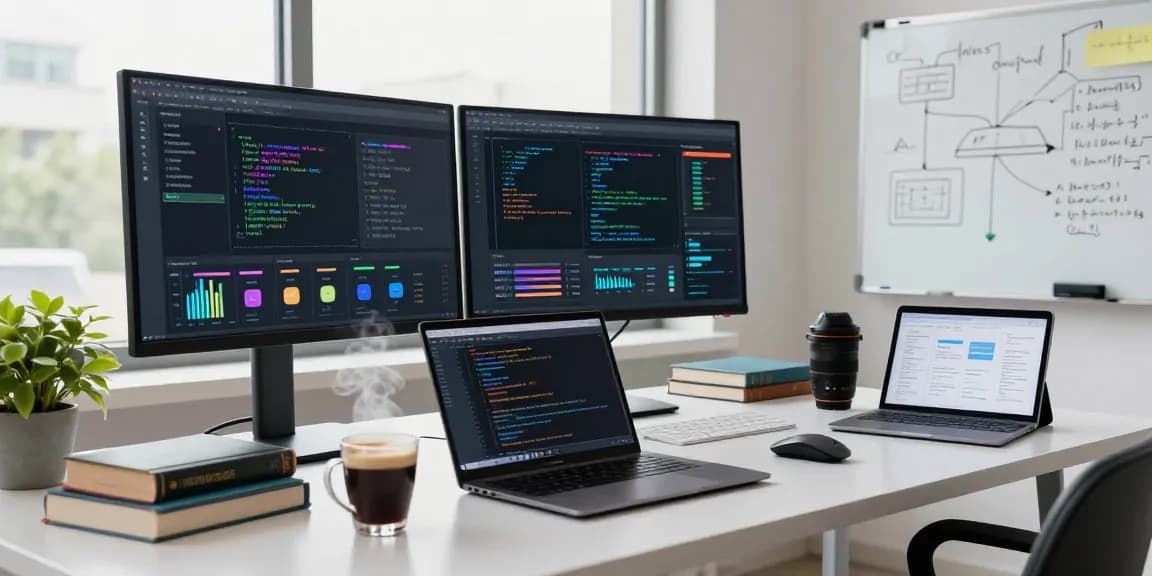 Data scientist using innovative machine learning tools in a modern workspace with multiple monitors and bright lighting.