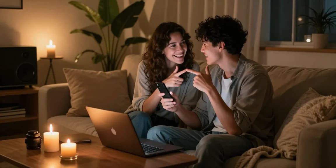 Intimate living room scene showcasing ai sexting with playful exchanges and cozy atmosphere.