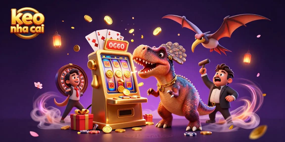 Engage in keo nha cai with a dynamic scene of cartoon dinosaurs and casino elements showcasing action-packed gaming