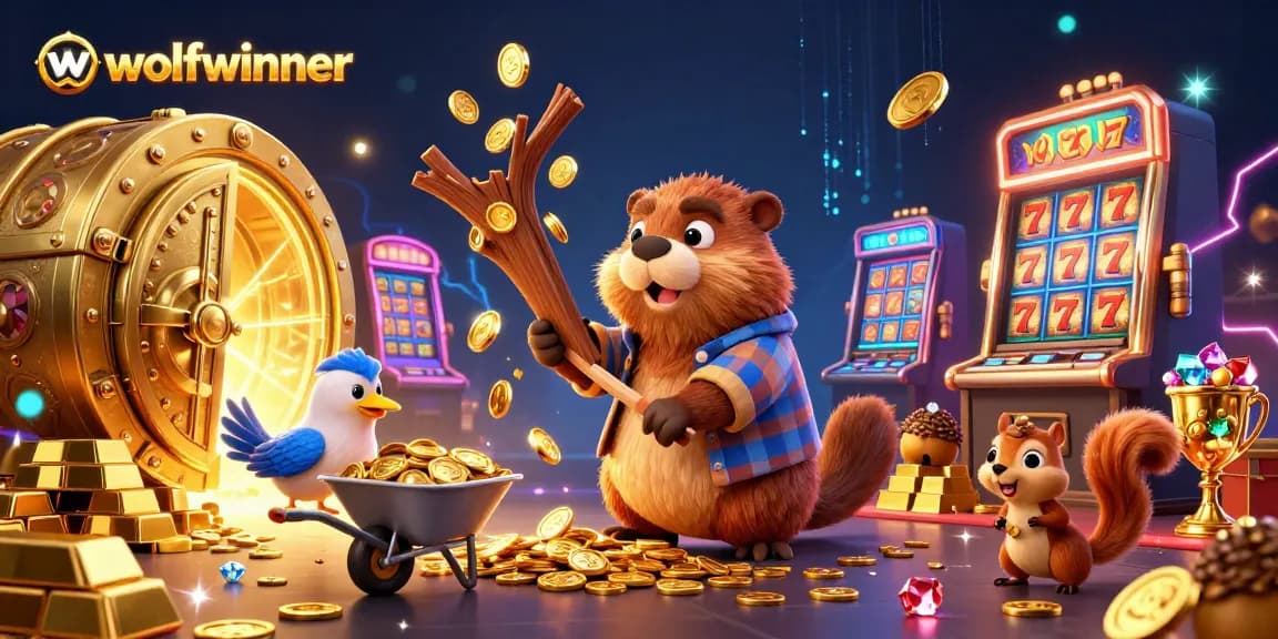 wolfwinner illustrates a vibrant casino scene with a beaver, bird, and squirrel amidst overflowing treasures.