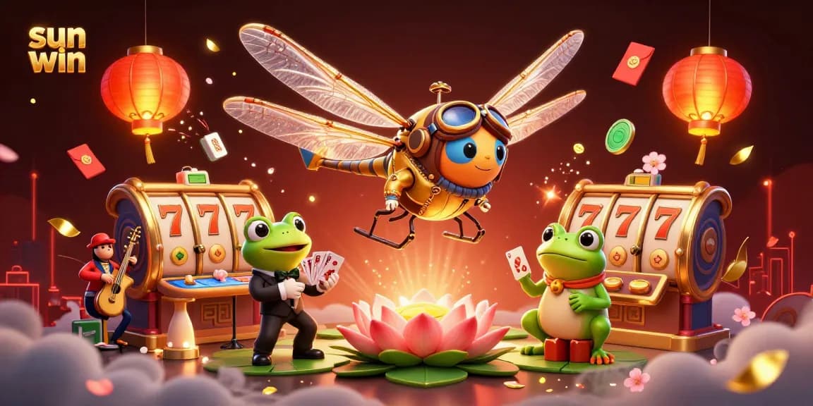 Join the action with sun win as the dragonfly helicopter pilot hovers above a vibrant lily pad casino.