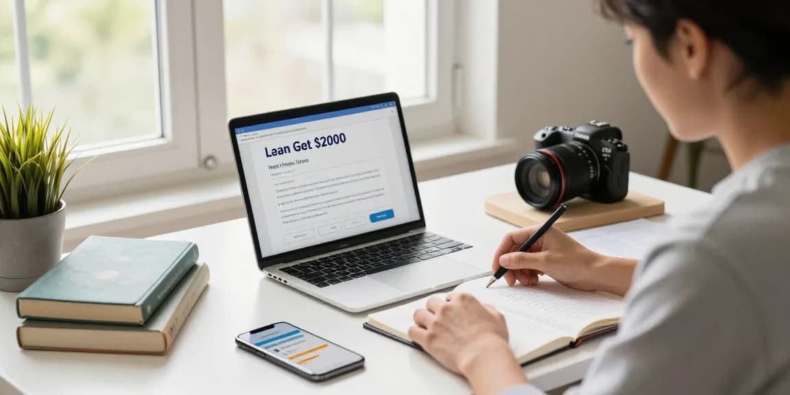 Focused individual reviewing options to get $2000 loan in a stylish home office.