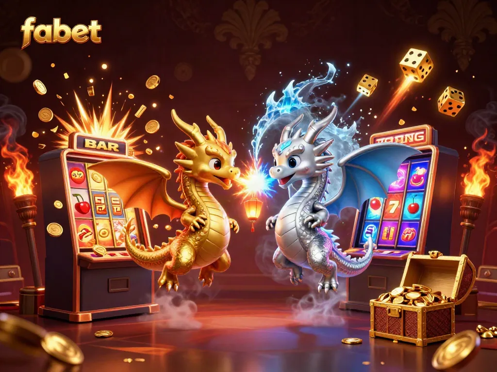 Experience the magic of fabet with enchanting dragons and a slot machine bursting with coins.