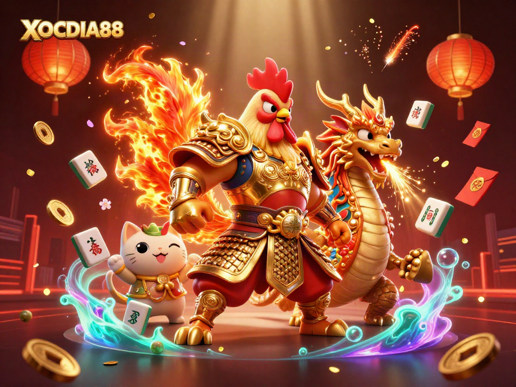 XOCDIA88 unleashes a dynamic gaming adventure with 3D fighting rooster and dragon illustration.