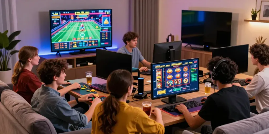 Enthusiastic players enjoying tx88 online gaming experience in a vibrant home atmosphere.
