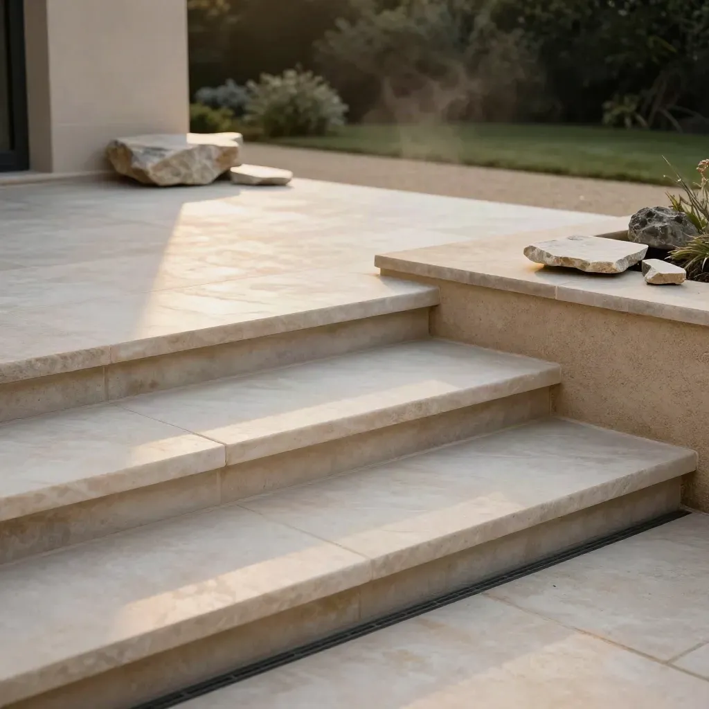 Stepped patio slabs, drain line, sample stones, and render wall in soft evening light.
