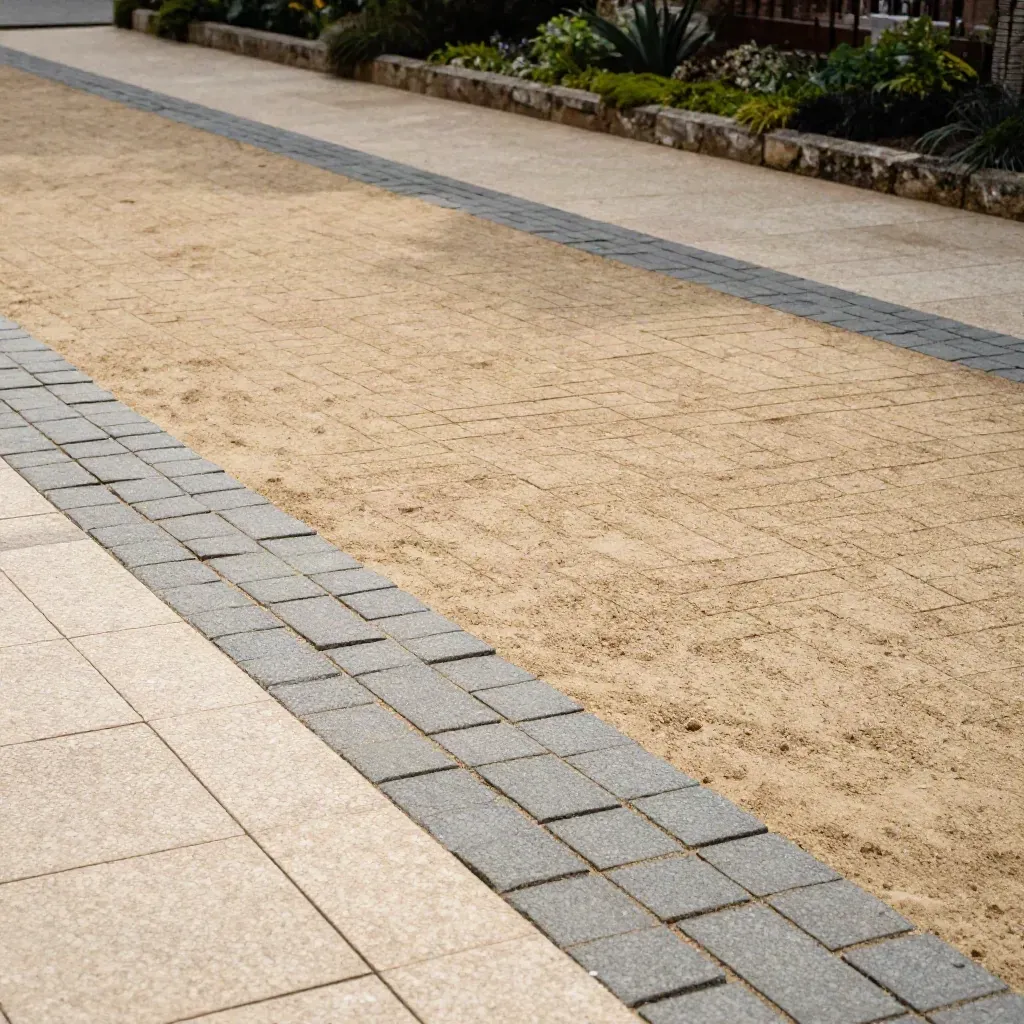 Fresh block paving courtyard with sand haze and moss-green planting accent