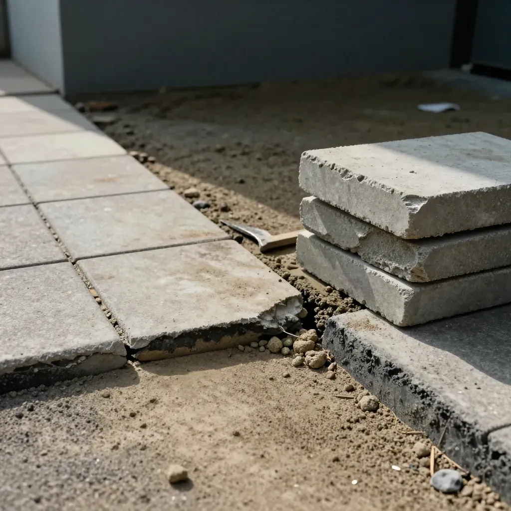 Repaired block paving seam with pry bar, salvageable blocks, and dust in dramatic light.