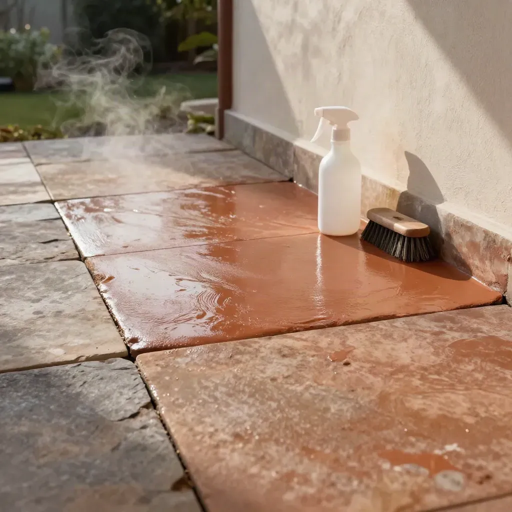 Sealed patio slabs with sprayer and brush beside a wall in warm daylight