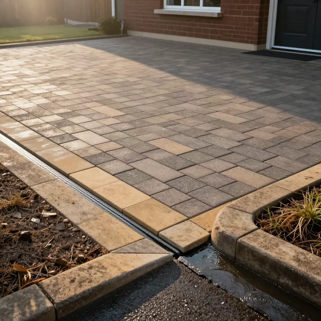 Fresh block-paved front drive with clean drainage slope and slate slot drain in rain haze.