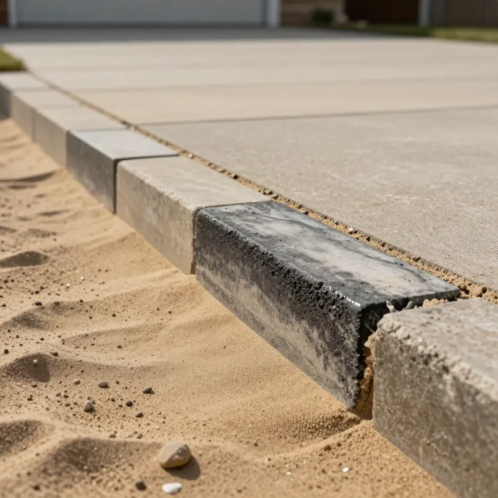 Repaired driveway blocks with fresh joint sand and a straight charcoal edge in light mist.