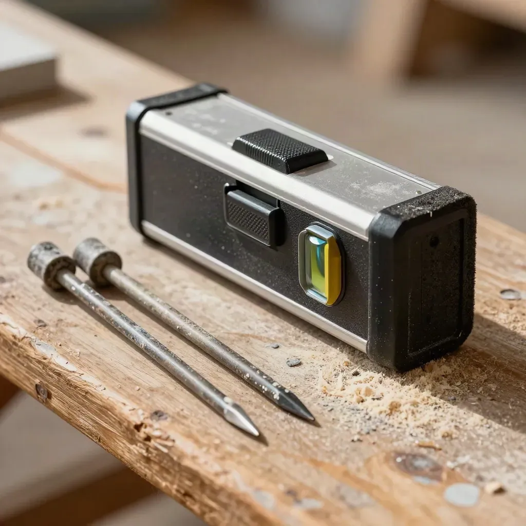 Macro of a rotary laser level case, site pegs and a chalk-dusted setting-out block on a timber bench.