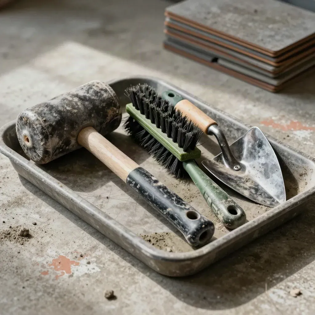 Paving finishing tools grouped on a dusty site tray in soft daylight, rugged and tactile.