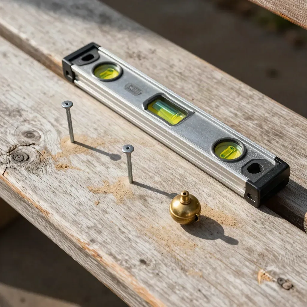 Overhead still life of a laser level case, site pegs and plumb bob on a weathered timber bench.