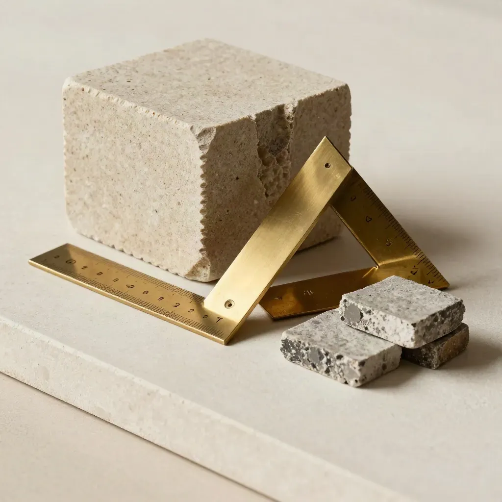 Paver samples, brass angle square and kerb offcuts on pale plaster in soft daylight.