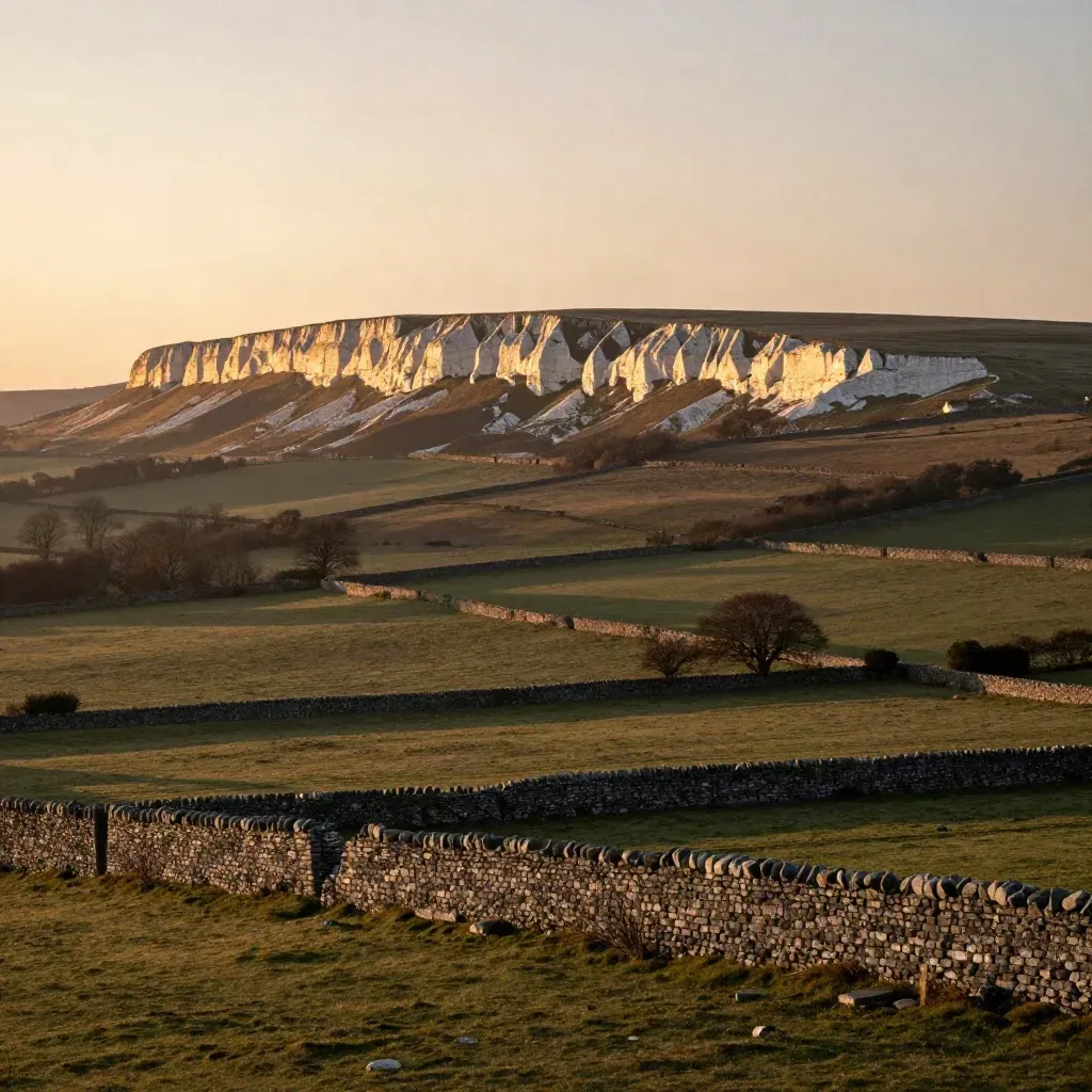Surrey chalk downs glowing at sunset above open fields, hedgerows, and dry stone walls.