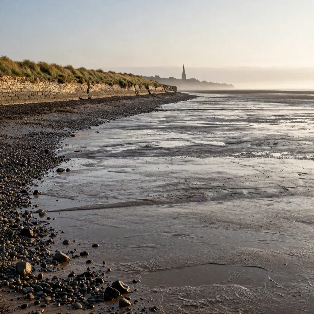 Essex tidal mudflat and flint shoreline with a distant church spire in warm salt haze.