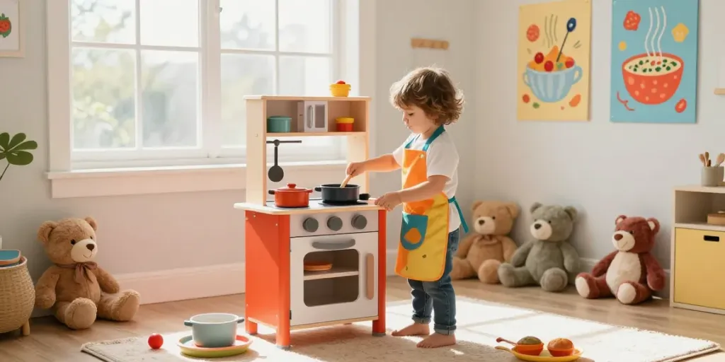 A child cooking in a kids kitchen set filled with colourful utensils and food toys, creating a lively, playful atmosphere.