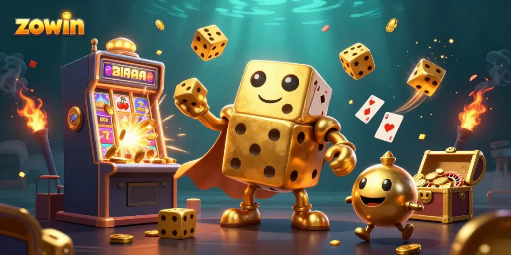 Engage with the lively scene of zowin casino game characters celebrating a jackpot win.