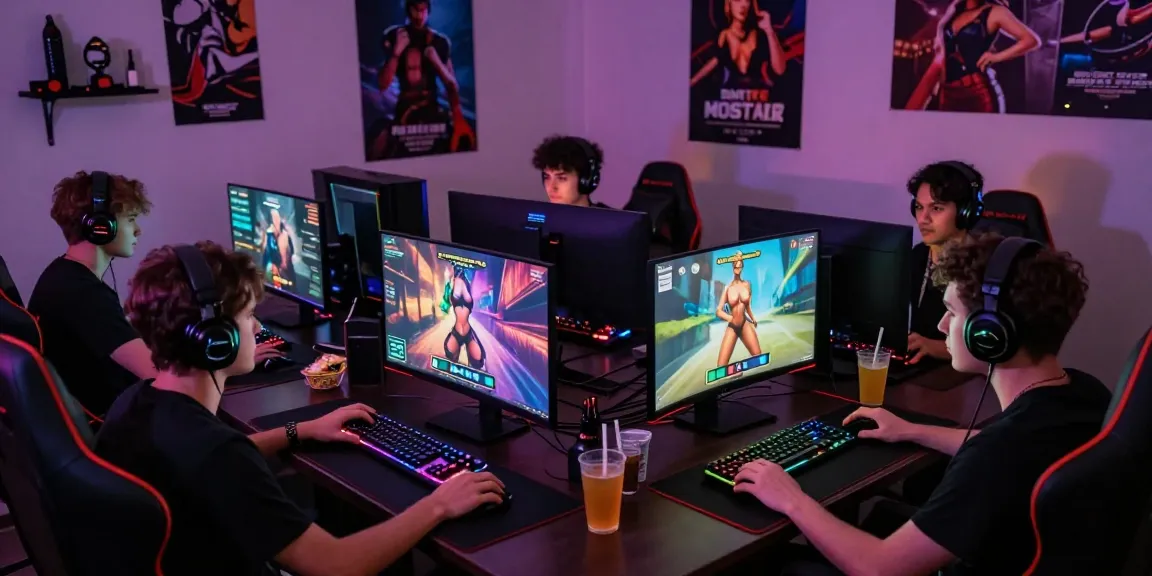 Players engaging intensely in real porn games with vivid graphics and immersive settings, surrounded by gaming gear.