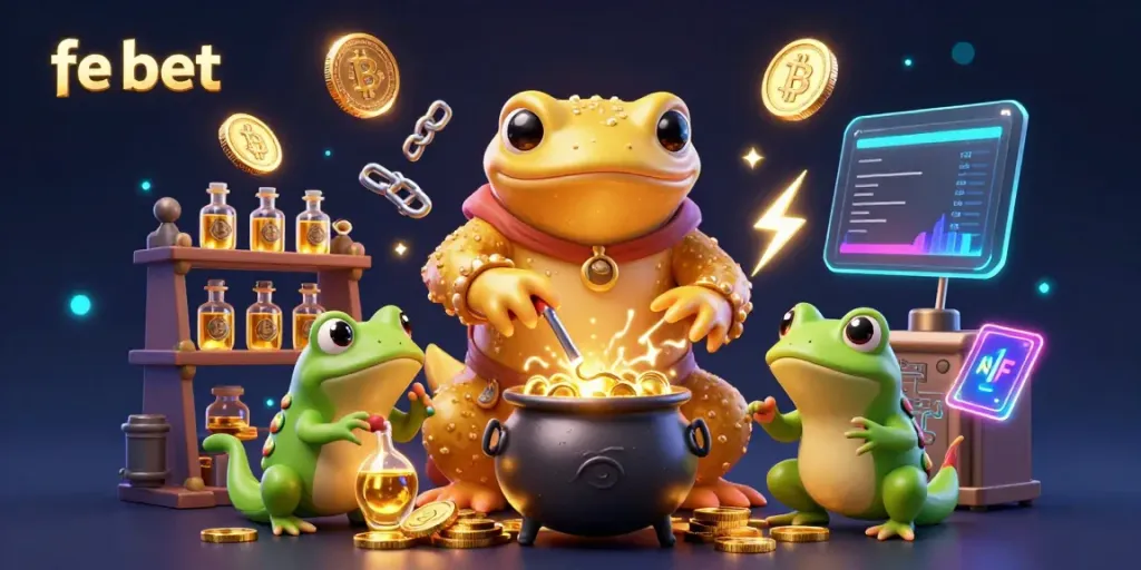 Experience the magic of fe bet with a golden salamander alchemist turning metals into gold coins in a vibrant 3D scene.