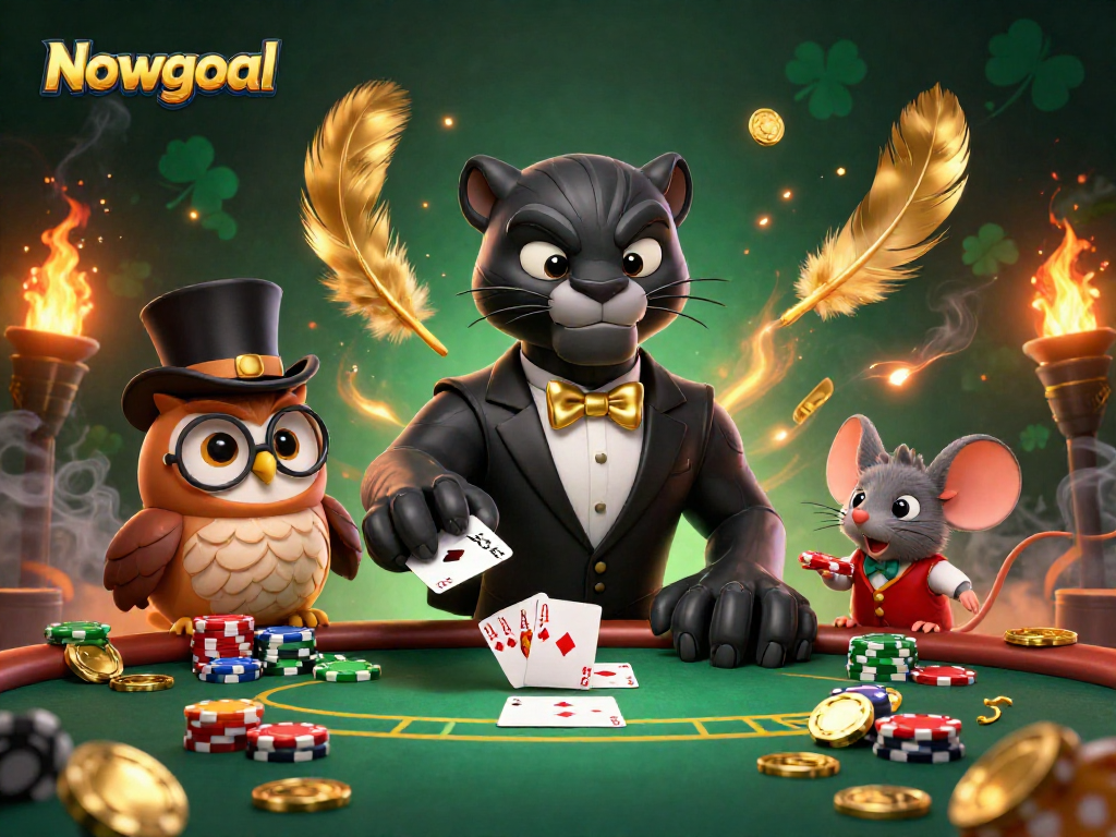 Engage with Nowgoal's casino world as a stylish panther deals cards amidst dynamic poker elements.