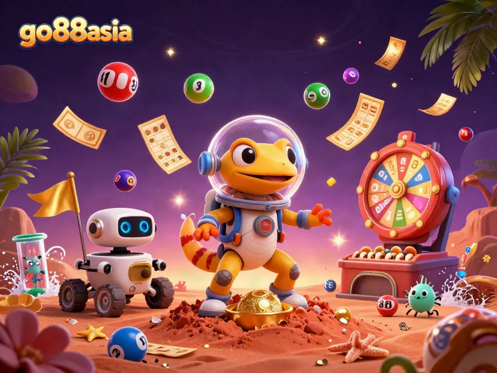 Join the fun at go88asia with a Martian gecko discovering a golden casino amid colorful lottery balls.