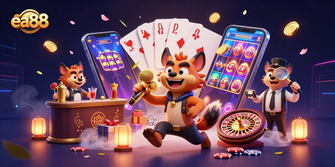 ea88 hyenas entertaining at a vibrant casino club with slots, poker, and festive elements.