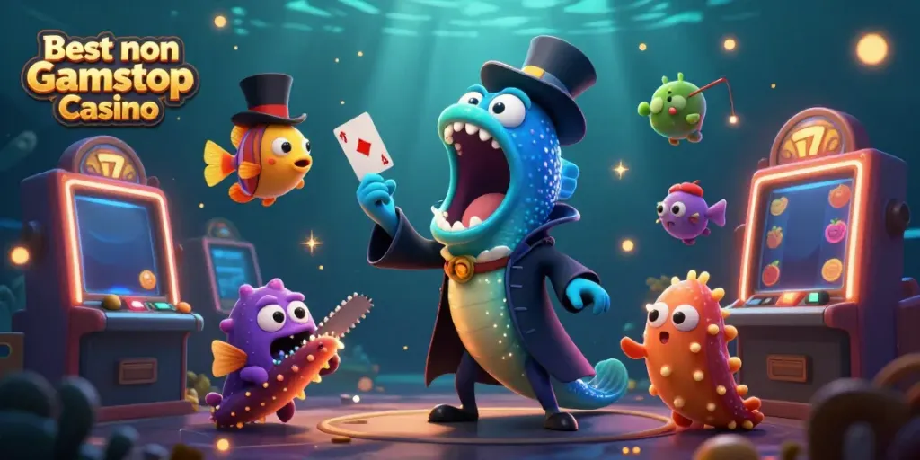 Watch the thrilling magic act in the Best non Gamstop Casino scene featuring dynamic slot machines and charming sea creatures.