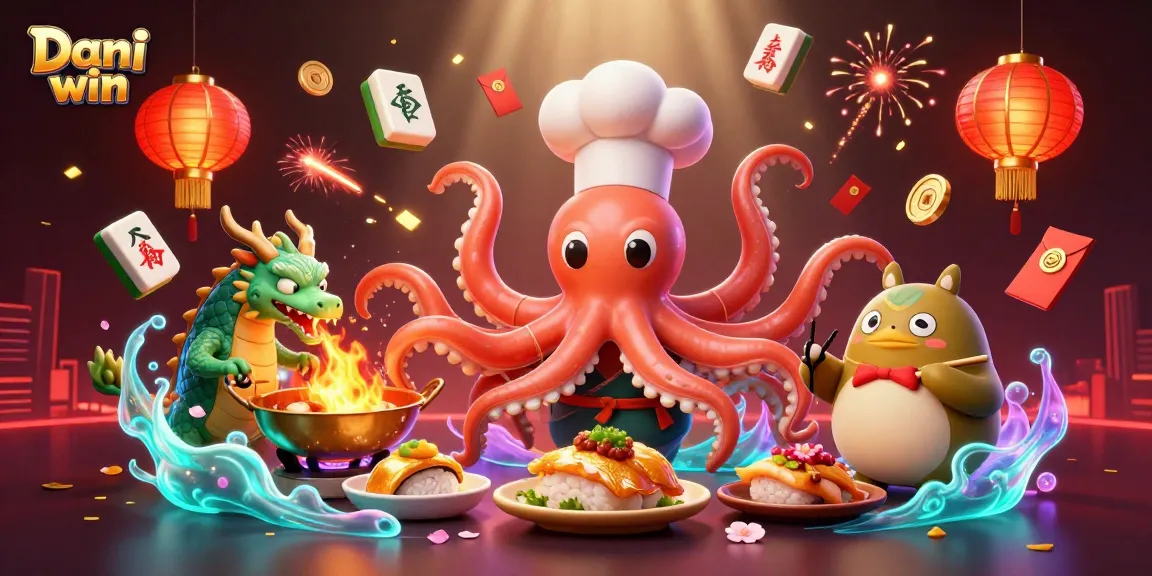 Dhani win offers thrilling gameplay featuring a sushi chef octopus and a dragon in a vibrant casino scene.