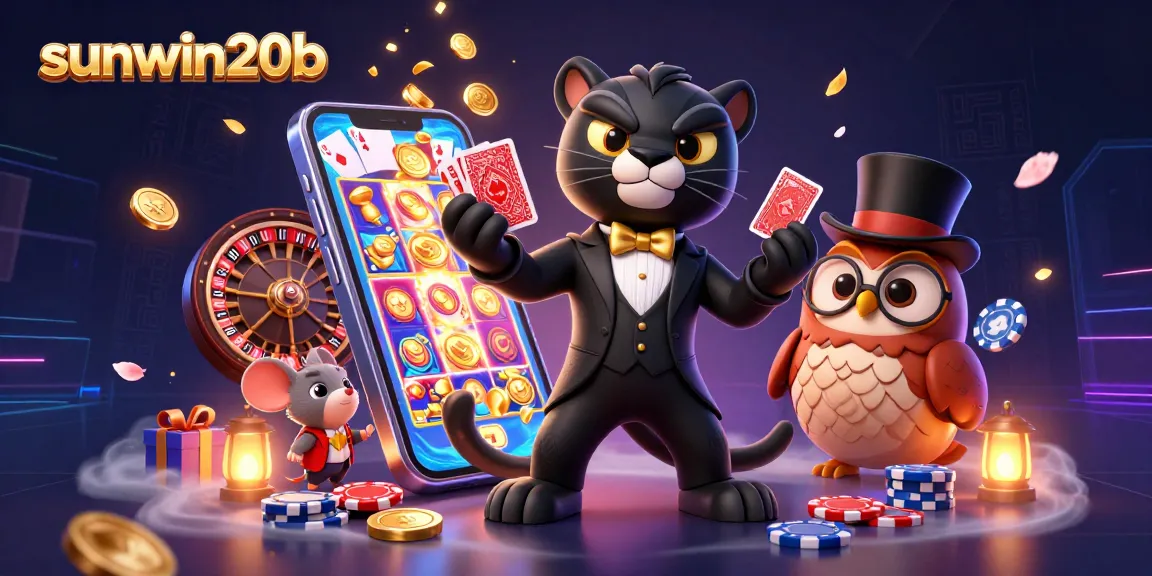 Experience sunwin20b's vibrant casino action with a 3D panther dealer, an owl, and a mouse amidst gaming elements.