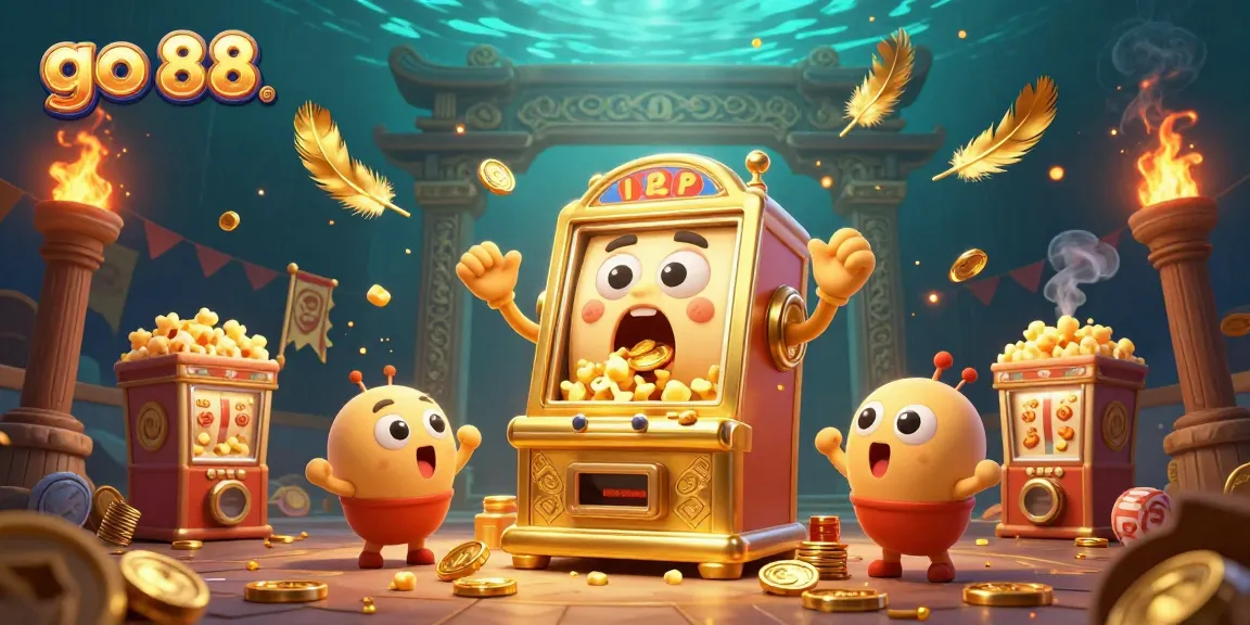 Go 88 casino scene with a shocked golden slot machine celebrating a jackpot while baby slots cheer.