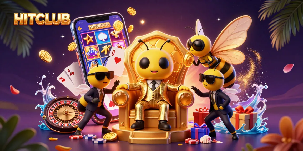 Engage with HITCLUB's vibrant gaming scene featuring slot machines, colorful coins, and dynamic characters in a rich 3D illustration.
