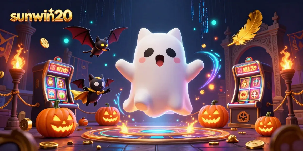 Join the fun at sunwin20 with a ghost cat and bat in a haunted casino scene.