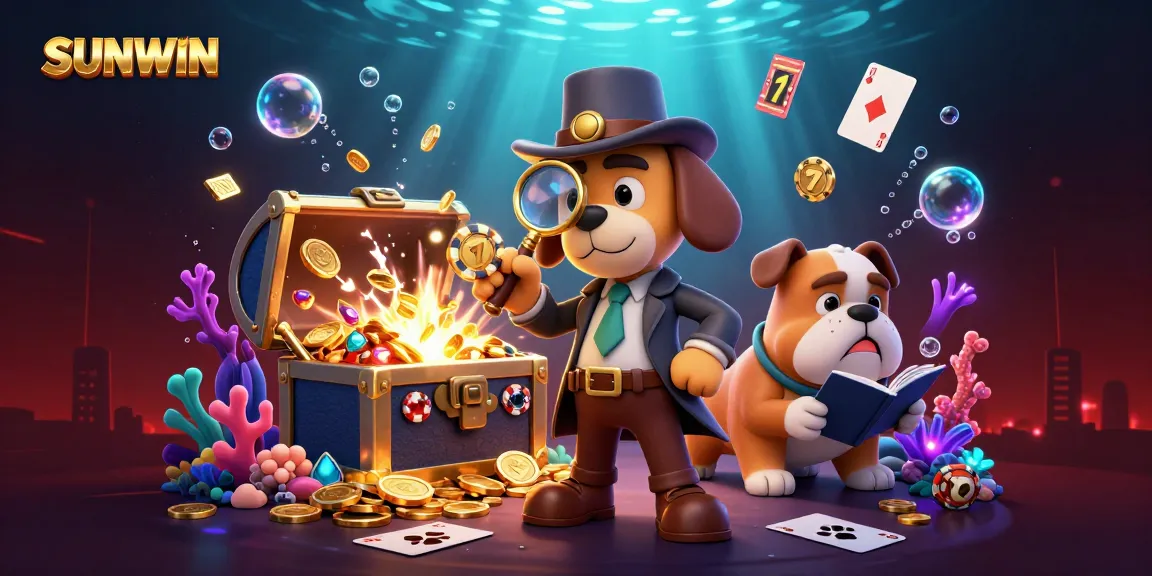 SUNWIN enhances excitement with a 3D detective and bulldog solving a treasure clue at a vibrant casino.
